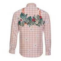 Peach Hawaiian Palaka Long Sleeve Button Shirt Kukui Nut Money Lei - Polynesian Pride