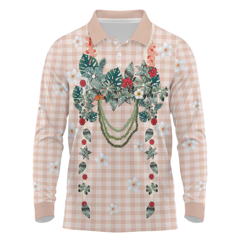 Peach Hawaiian Palaka Long Sleeve Polo Shirt Kukui Nut Money Lei - Polynesian Pride