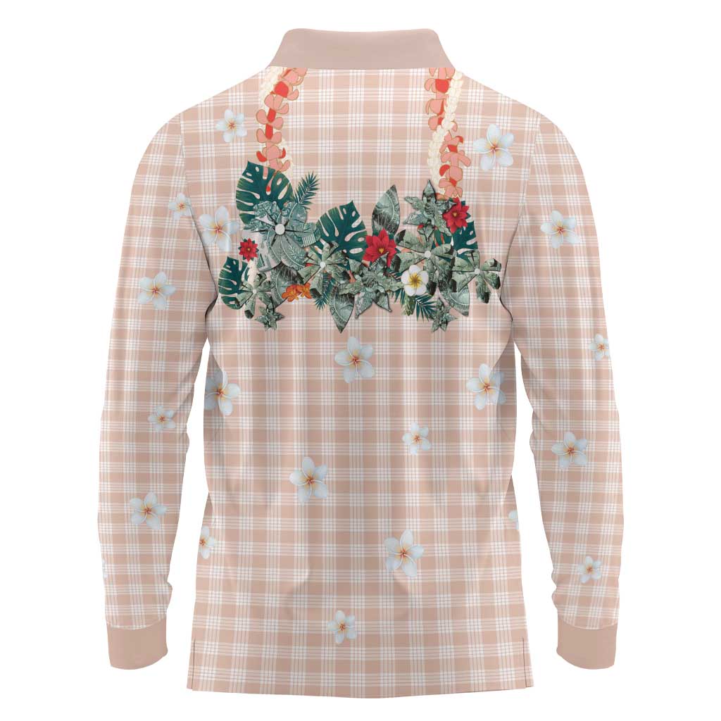 Peach Hawaiian Palaka Long Sleeve Polo Shirt Kukui Nut Money Lei - Polynesian Pride