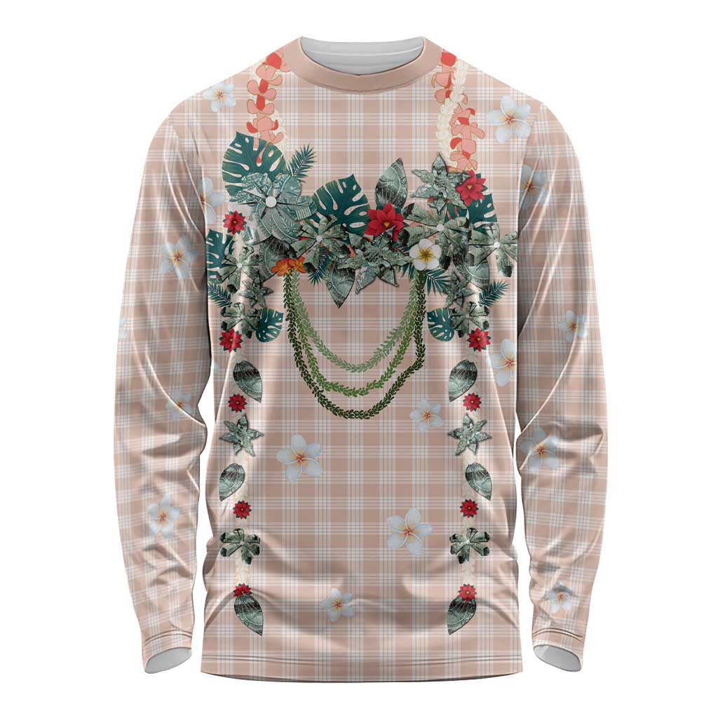 Peach Hawaiian Palaka Long Sleeve Shirt Kukui Nut Money Lei - Polynesian Pride
