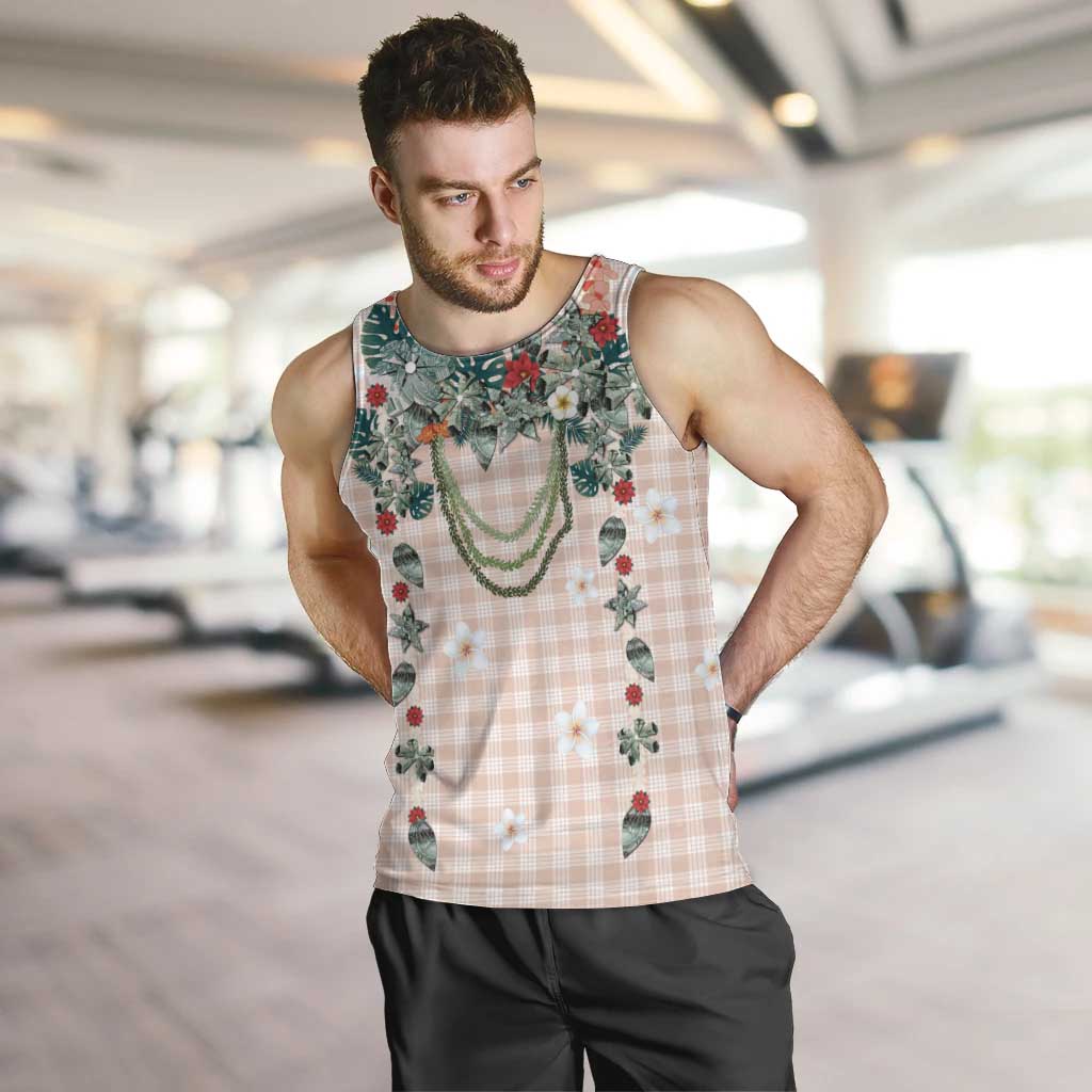 Peach Hawaiian Palaka Men Tank Top Kukui Nut Money Lei - Polynesian Pride