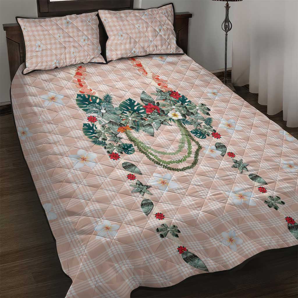 Peach Hawaiian Palaka Quilt Bed Set Kukui Nut Money Lei - Polynesian Pride