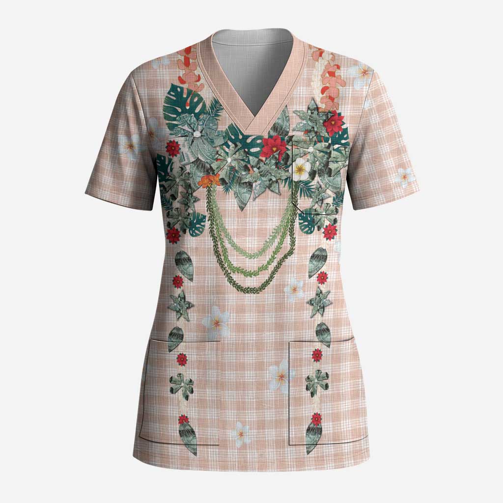 Peach Hawaiian Palaka Scrub Top Kukui Nut Money Lei - Polynesian Pride