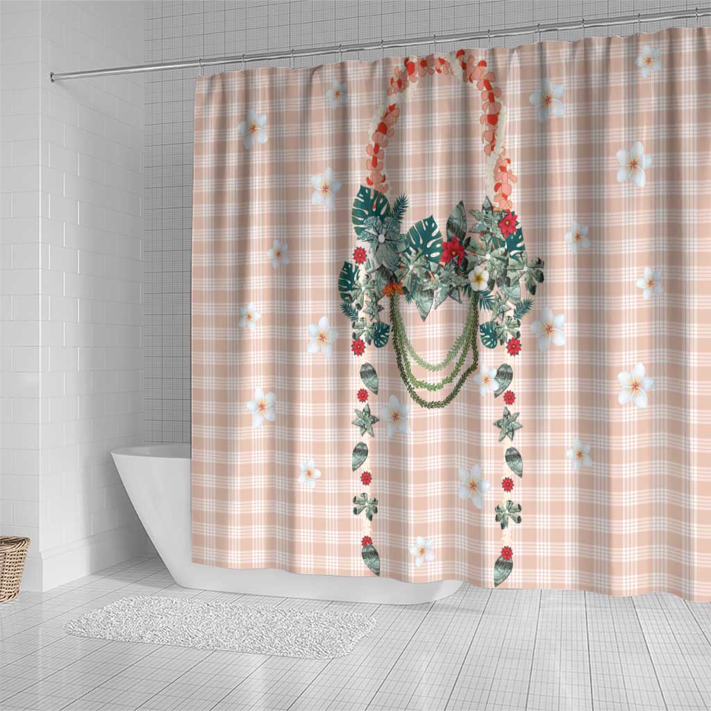 Peach Hawaiian Palaka Shower Curtain Kukui Nut Money Lei - Polynesian Pride