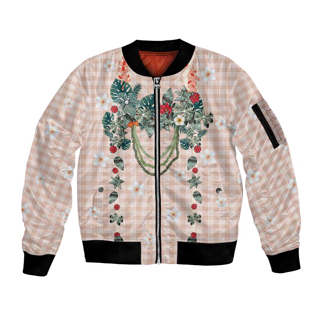 Peach Hawaiian Palaka Sleeve Zip Bomber Jacket Kukui Nut Money Lei - Polynesian Pride