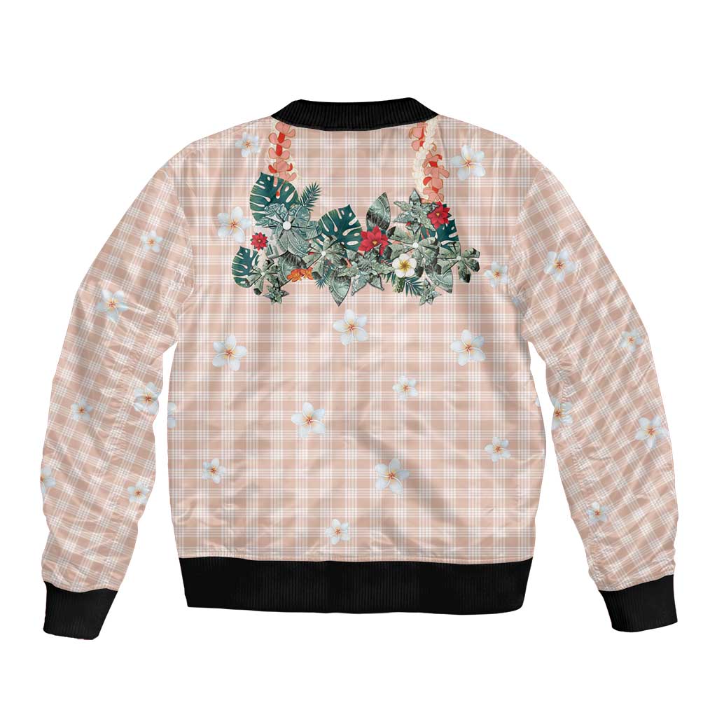 Peach Hawaiian Palaka Sleeve Zip Bomber Jacket Kukui Nut Money Lei - Polynesian Pride