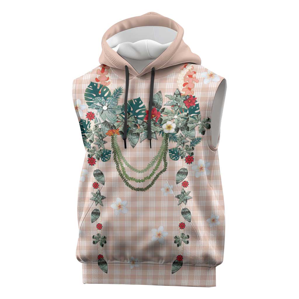 Peach Hawaiian Palaka Sleeveless Hoodie Kukui Nut Money Lei - Polynesian Pride