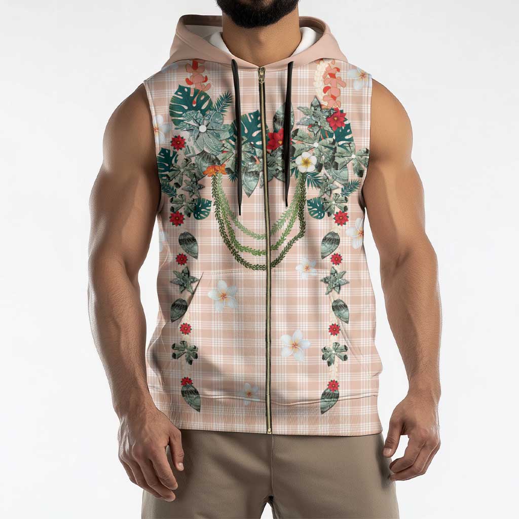 Peach Hawaiian Palaka Sleeveless Zip Hoodie Kukui Nut Money Lei - Polynesian Pride