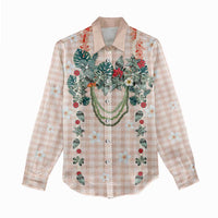 Peach Hawaiian Palaka Women Casual Shirt Kukui Nut Money Lei - Polynesian Pride