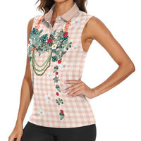 Peach Hawaiian Palaka Women Sleeveless Polo Shirt Kukui Nut Money Lei - Polynesian Pride
