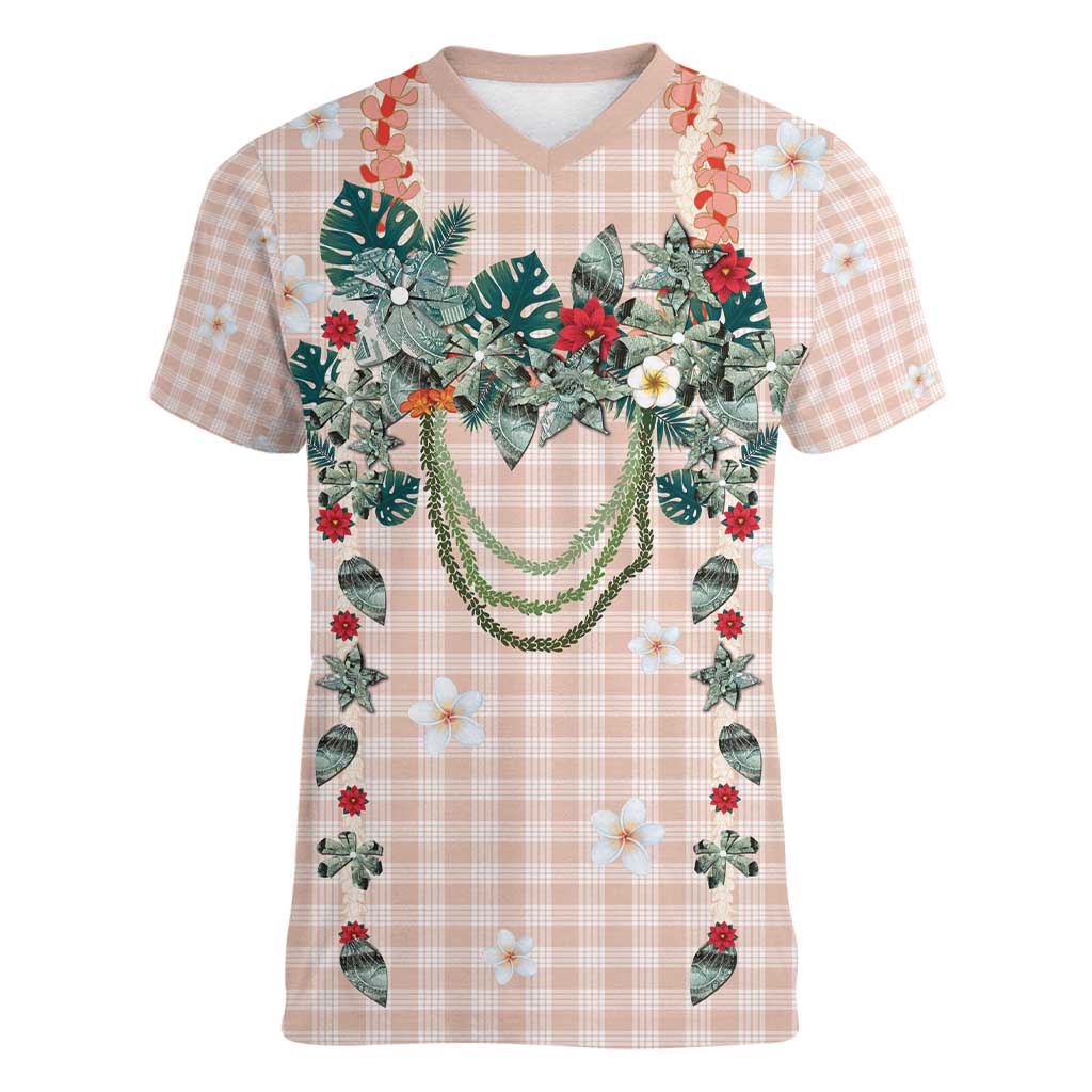 Peach Hawaiian Palaka Women V-Neck T-Shirt Kukui Nut Money Lei - Polynesian Pride