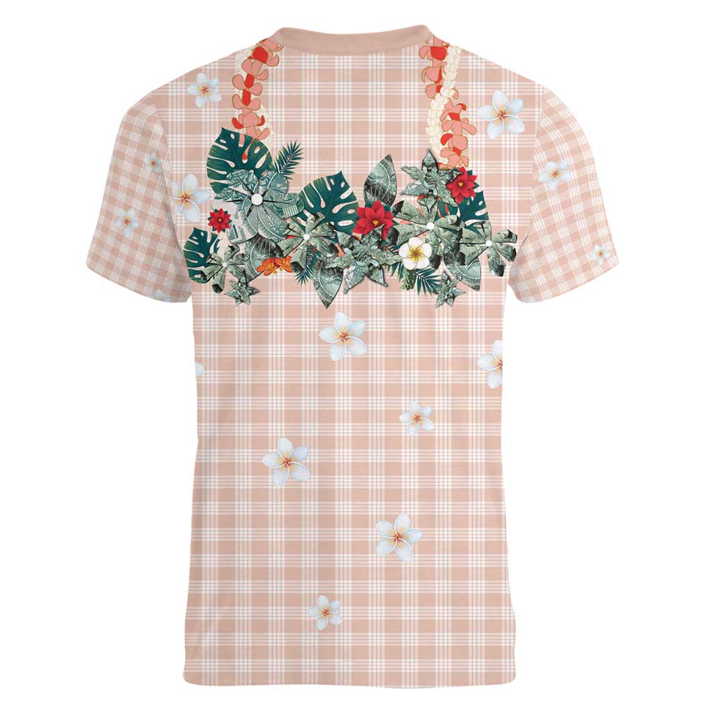 Peach Hawaiian Palaka Women V-Neck T-Shirt Kukui Nut Money Lei LT9 - Polynesian Pride