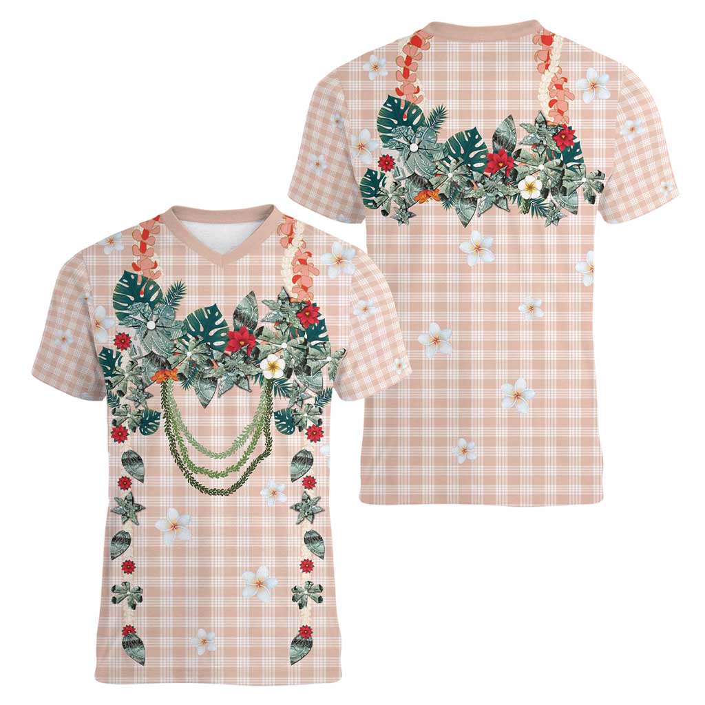 Peach Hawaiian Palaka Women V-Neck T-Shirt Kukui Nut Money Lei LT9 - Polynesian Pride