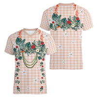 Peach Hawaiian Palaka Women V-Neck T-Shirt Kukui Nut Money Lei LT9 - Polynesian Pride