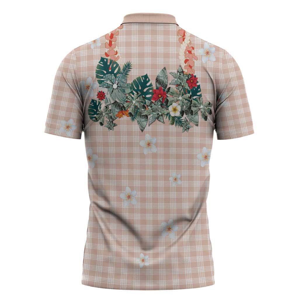 Peach Hawaiian Palaka Zipper Polo Shirt Kukui Nut Money Lei - Polynesian Pride