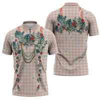 Peach Hawaiian Palaka Zipper Polo Shirt Kukui Nut Money Lei - Polynesian Pride