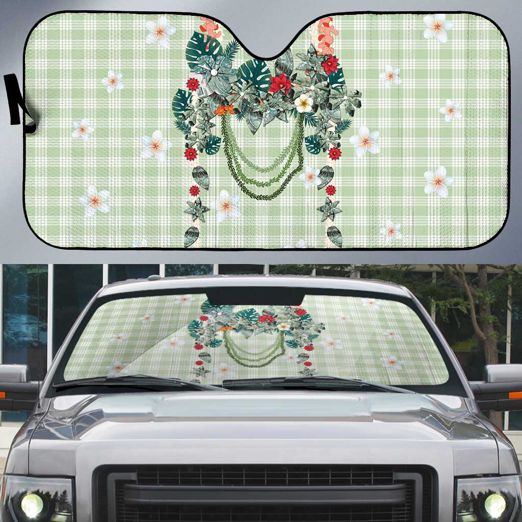 Sage Green Hawaiian Palaka Auto Sun Shade Kukui Nut Money Lei - Polynesian Pride