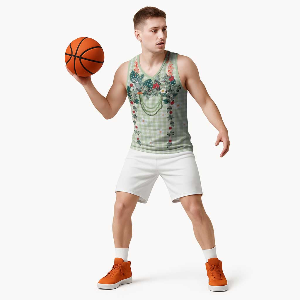 Sage Green Hawaiian Palaka Basketball Jersey Kukui Nut Money Lei - Polynesian Pride