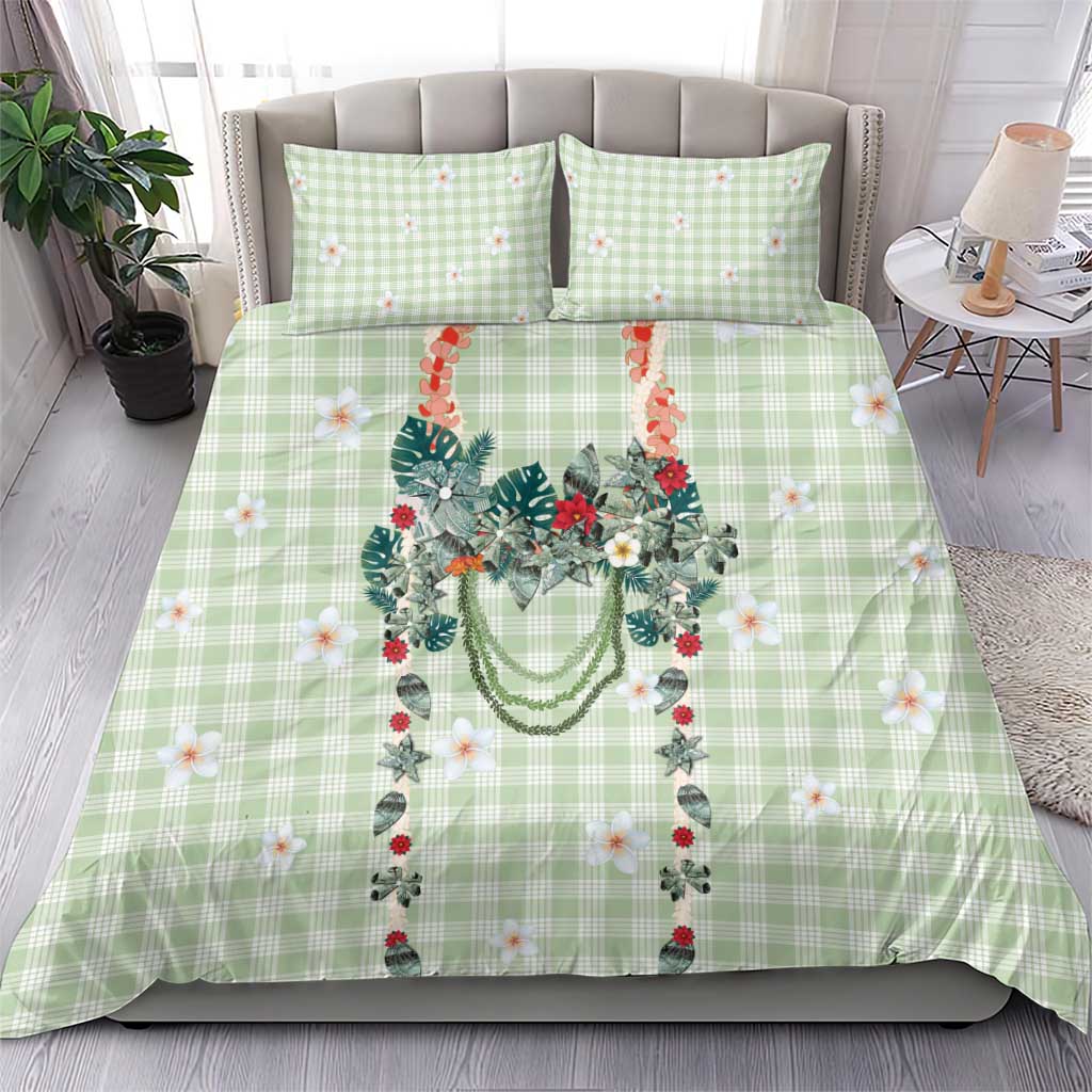 Sage Green Hawaiian Palaka Bedding Set Kukui Nut Money Lei - Polynesian Pride
