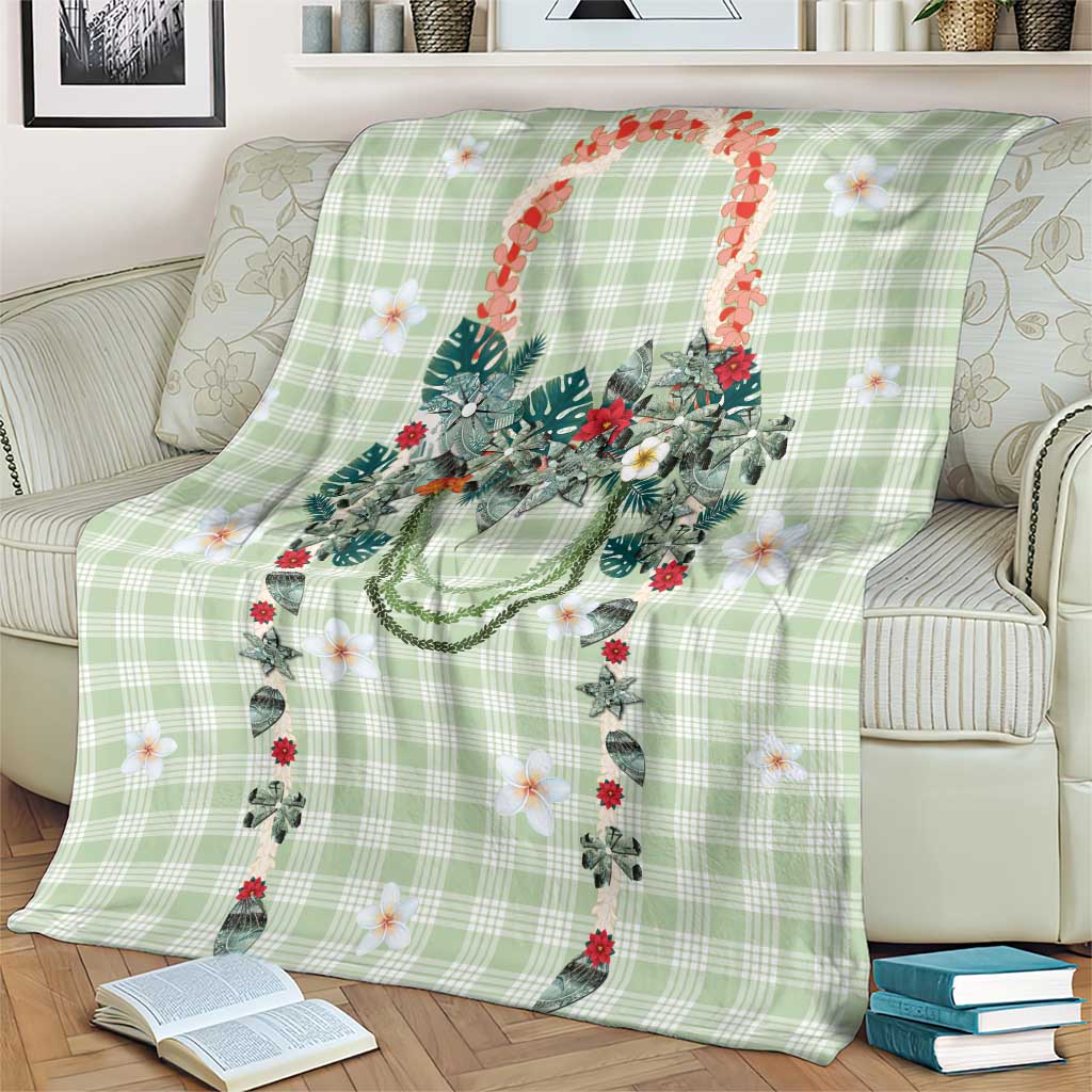 Sage Green Hawaiian Palaka Blanket Kukui Nut Money Lei - Polynesian Pride
