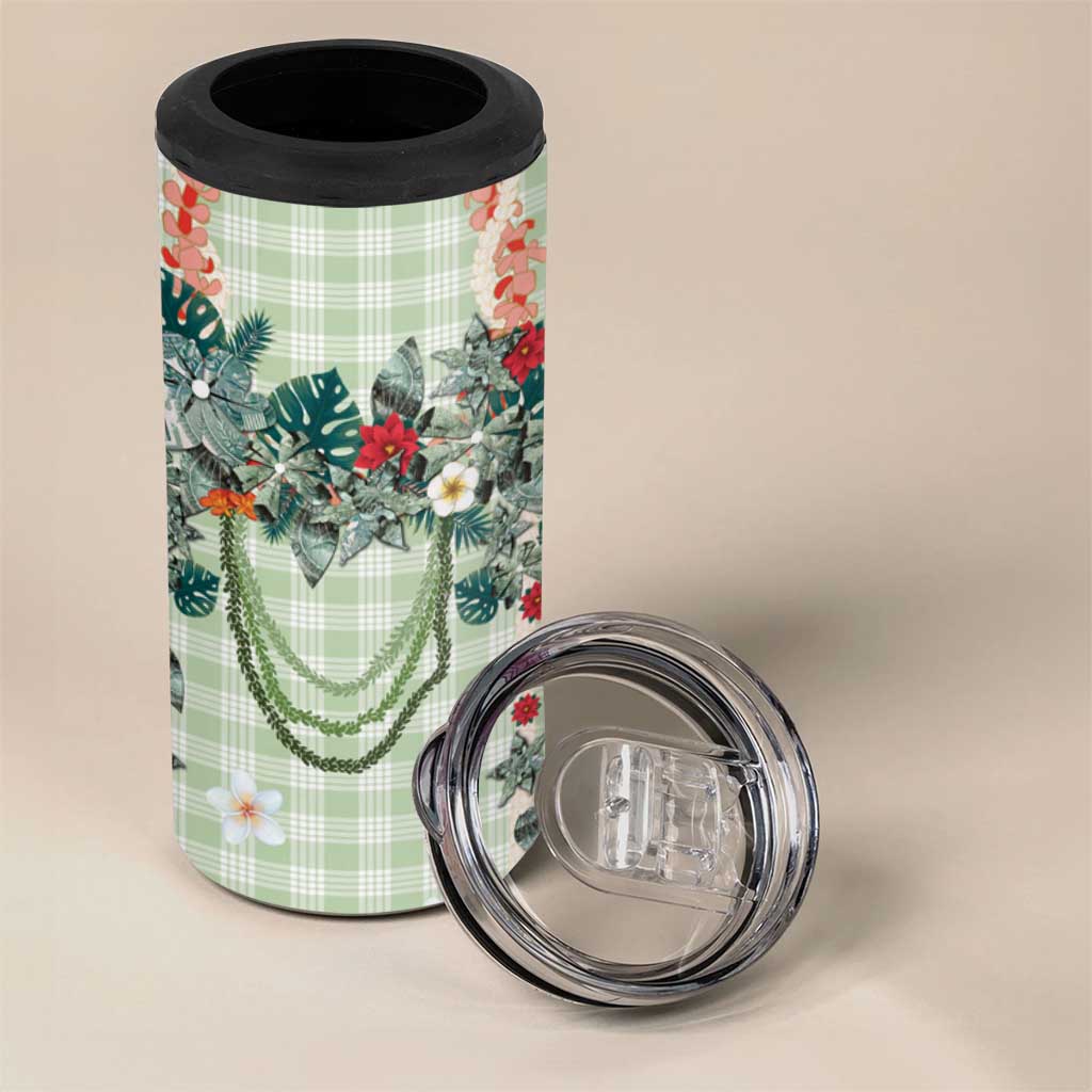 Sage Green Hawaiian Palaka 4 in 1 Can Cooler Tumbler Kukui Nut Money Lei - Polynesian Pride