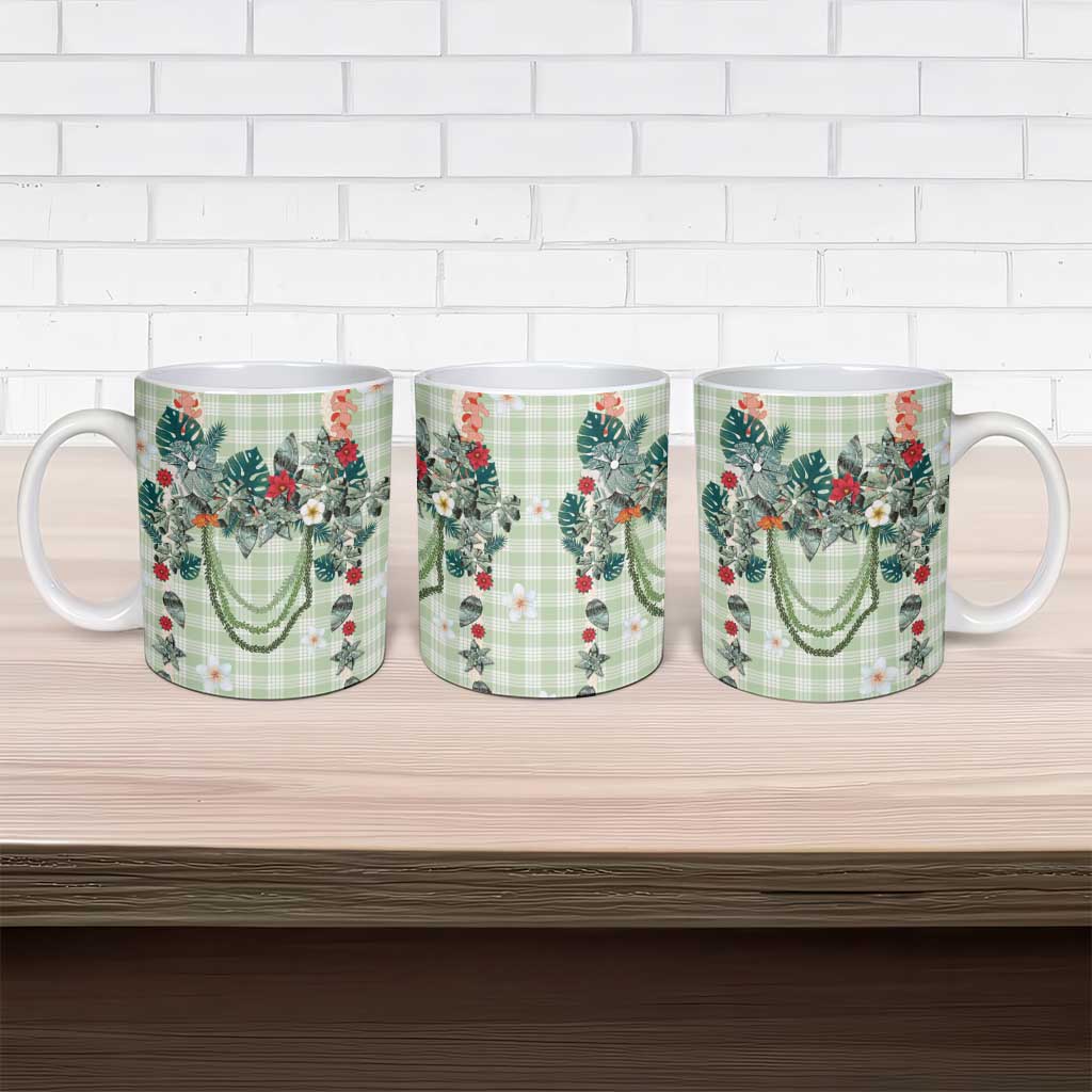 Sage Green Hawaiian Palaka Ceramic Mug Kukui Nut Money Lei - Polynesian Pride
