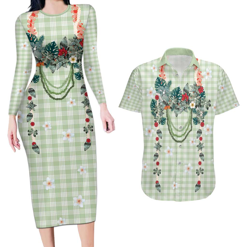 Sage Green Hawaiian Palaka Couples Matching Long Sleeve Bodycon Dress and Hawaiian Shirt Kukui Nut Money Lei LT9 Green - Polynesian Pride