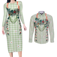 Sage Green Hawaiian Palaka Couples Matching Long Sleeve Bodycon Dress and Long Sleeve Button Shirt Kukui Nut Money Lei LT9 Green - Polynesian Pride