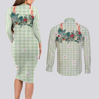 Sage Green Hawaiian Palaka Couples Matching Long Sleeve Bodycon Dress and Long Sleeve Button Shirt Kukui Nut Money Lei LT9 - Polynesian Pride