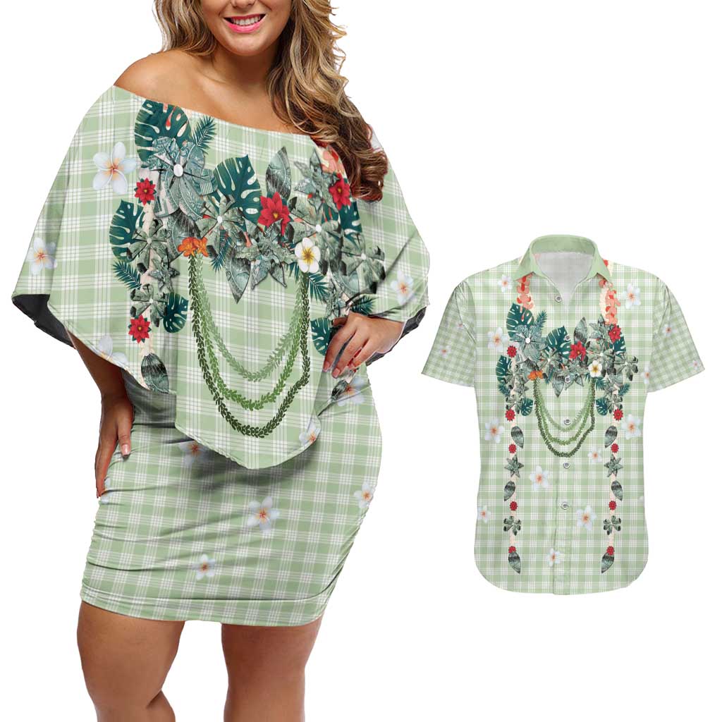 Sage Green Hawaiian Palaka Couples Matching Off Shoulder Short Dress and Hawaiian Shirt Kukui Nut Money Lei LT9 Green - Polynesian Pride