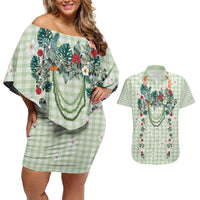 Sage Green Hawaiian Palaka Couples Matching Off Shoulder Short Dress and Hawaiian Shirt Kukui Nut Money Lei LT9 Green - Polynesian Pride