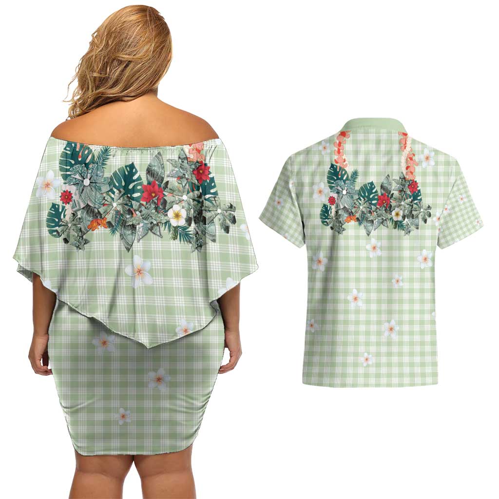 Sage Green Hawaiian Palaka Couples Matching Off Shoulder Short Dress and Hawaiian Shirt Kukui Nut Money Lei LT9 - Polynesian Pride