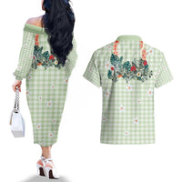 Sage Green Hawaiian Palaka Couples Matching Off The Shoulder Long Sleeve Dress and Hawaiian Shirt Kukui Nut Money Lei - Polynesian Pride