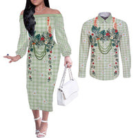 Sage Green Hawaiian Palaka Couples Matching Off The Shoulder Long Sleeve Dress and Long Sleeve Button Shirt Kukui Nut Money Lei LT9 Green - Polynesian Pride