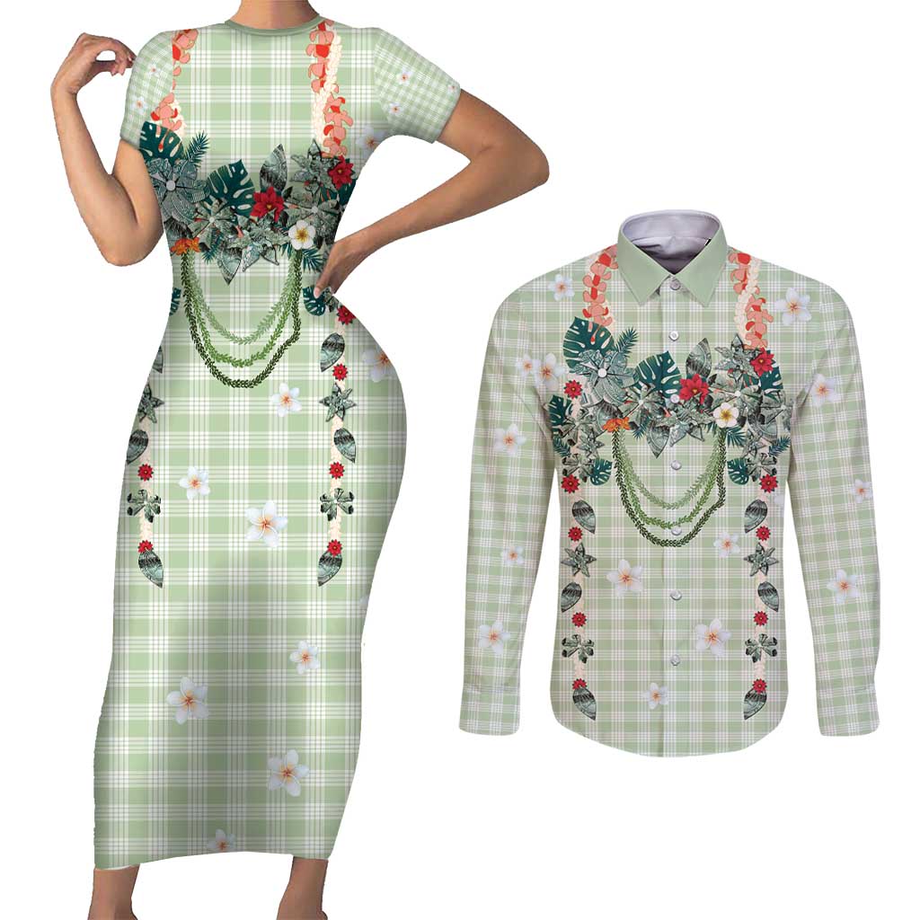Sage Green Hawaiian Palaka Couples Matching Short Sleeve Bodycon Dress and Long Sleeve Button Shirt Kukui Nut Money Lei LT9 Green - Polynesian Pride