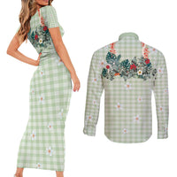 Sage Green Hawaiian Palaka Couples Matching Short Sleeve Bodycon Dress and Long Sleeve Button Shirt Kukui Nut Money Lei LT9 - Polynesian Pride