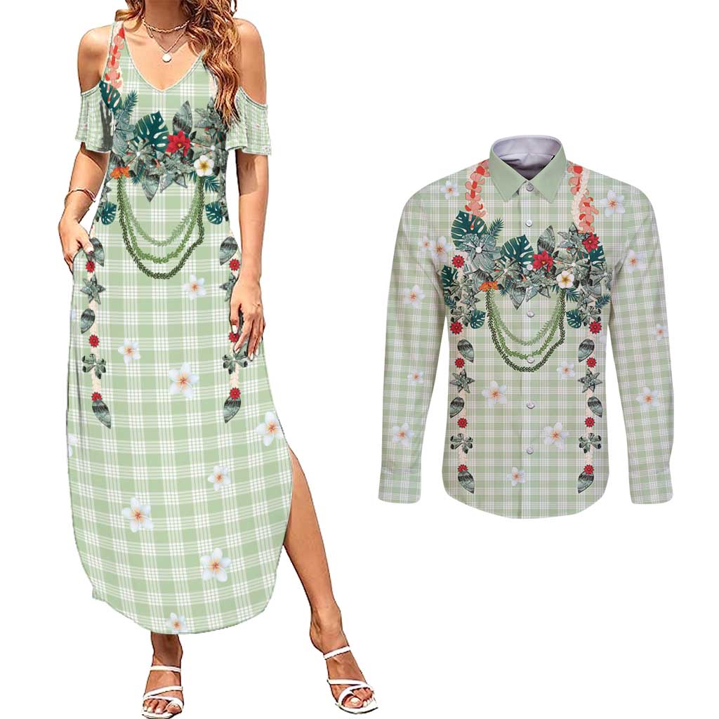 Sage Green Hawaiian Palaka Couples Matching Summer Maxi Dress and Long Sleeve Button Shirt Kukui Nut Money Lei - Polynesian Pride