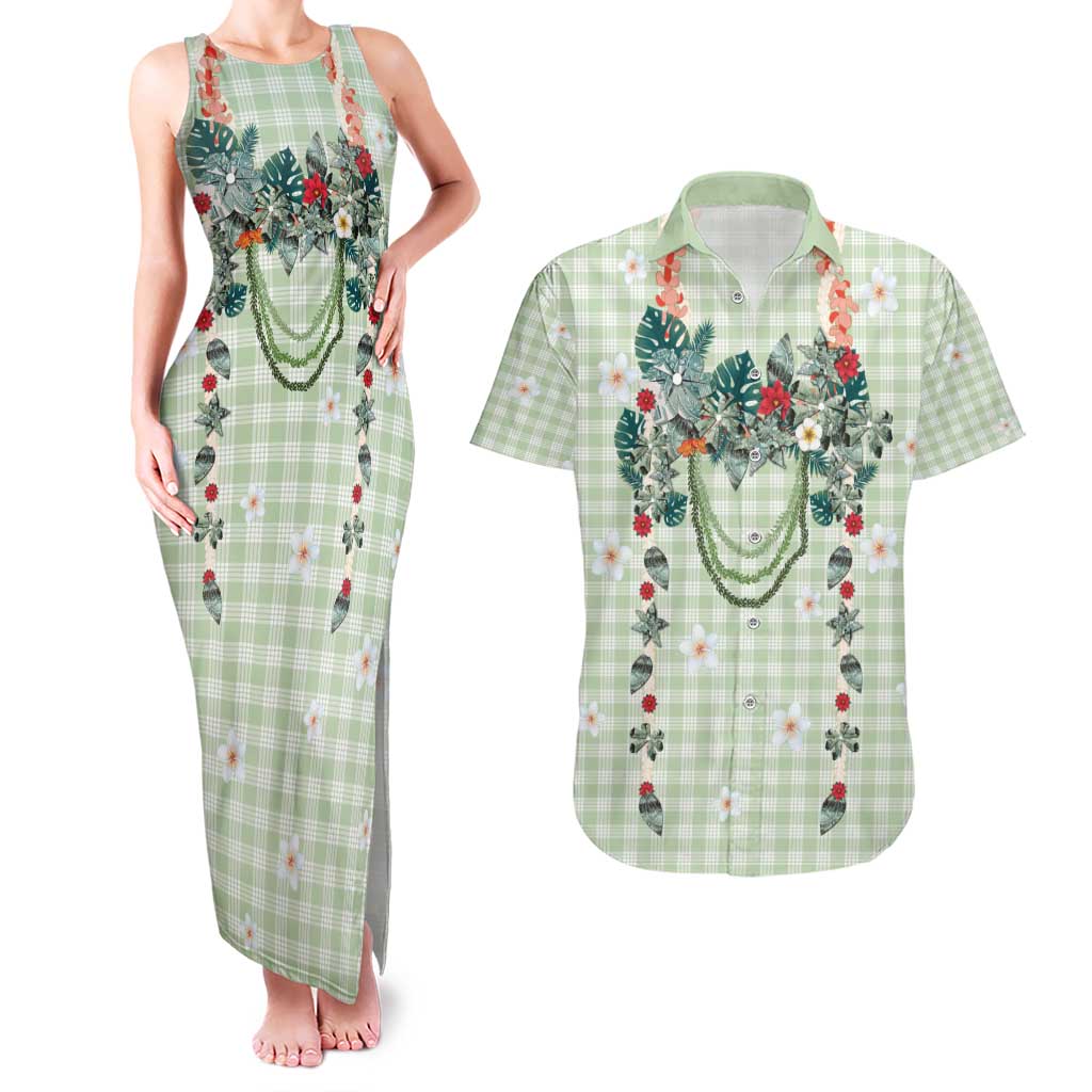 Sage Green Hawaiian Palaka Couples Matching Tank Maxi Dress and Hawaiian Shirt Kukui Nut Money Lei LT9 Green - Polynesian Pride