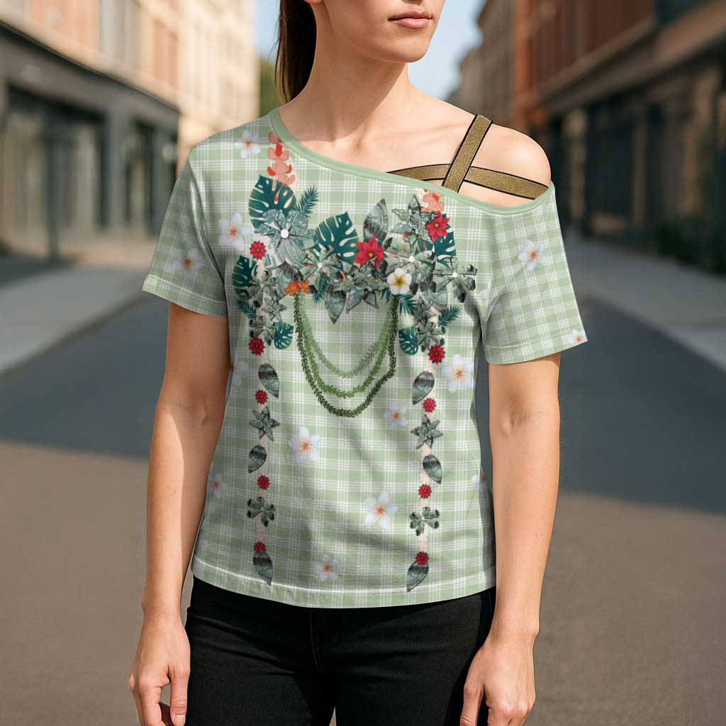 Sage Green Hawaiian Palaka Cross Shoulder Shirt Kukui Nut Money Lei - Polynesian Pride