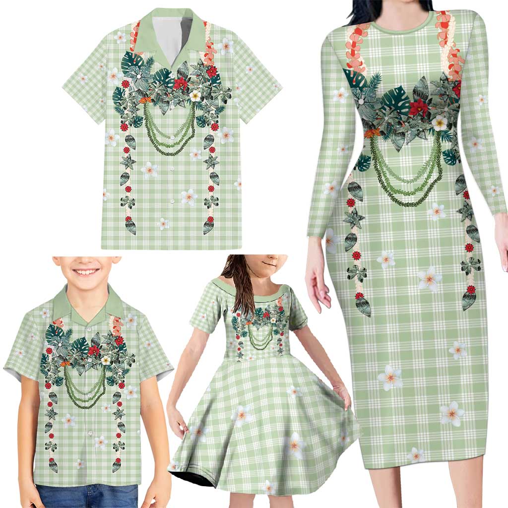 Sage Green Hawaiian Palaka Family Matching Long Sleeve Bodycon Dress and Hawaiian Shirt Kukui Nut Money Lei - Polynesian Pride