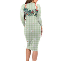 Sage Green Hawaiian Palaka Family Matching Long Sleeve Bodycon Dress and Hawaiian Shirt Kukui Nut Money Lei LT9 - Polynesian Pride