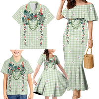 Sage Green Hawaiian Palaka Family Matching Mermaid Dress and Hawaiian Shirt Kukui Nut Money Lei LT9 - Polynesian Pride