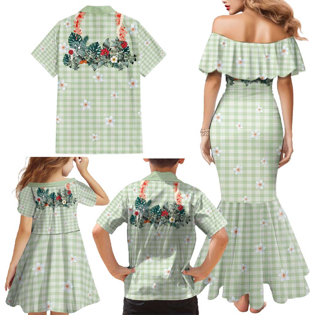 Sage Green Hawaiian Palaka Family Matching Mermaid Dress and Hawaiian Shirt Kukui Nut Money Lei LT9 - Polynesian Pride