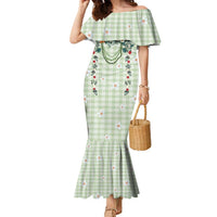Sage Green Hawaiian Palaka Family Matching Mermaid Dress and Hawaiian Shirt Kukui Nut Money Lei LT9 Mom's Dress Green - Polynesian Pride