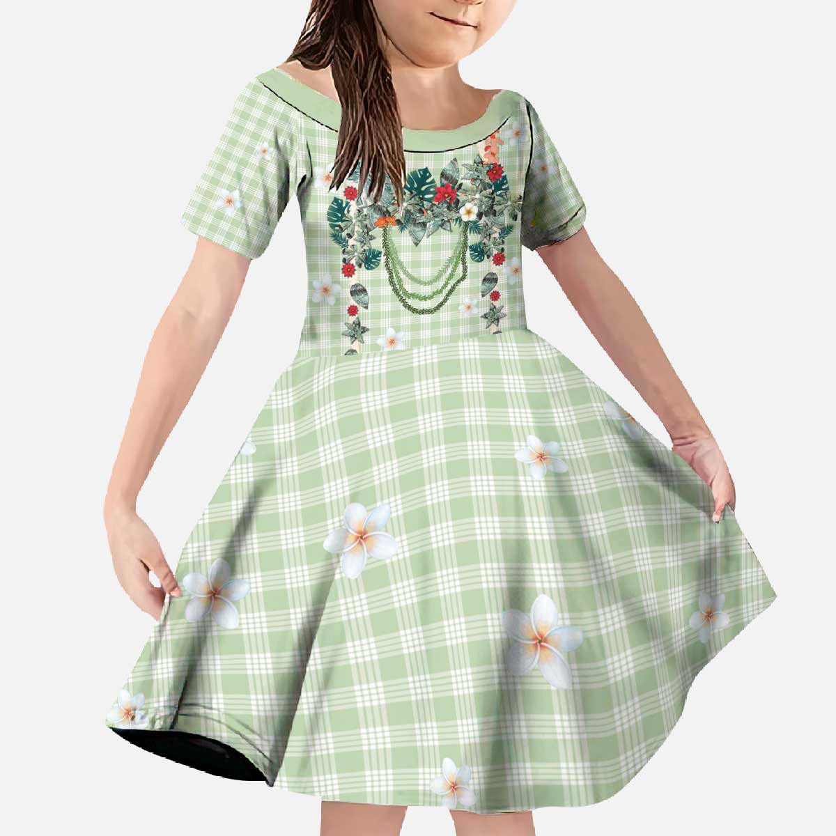 Sage Green Hawaiian Palaka Family Matching Off The Shoulder Long Sleeve Dress and Hawaiian Shirt Kukui Nut Money Lei - Polynesian Pride