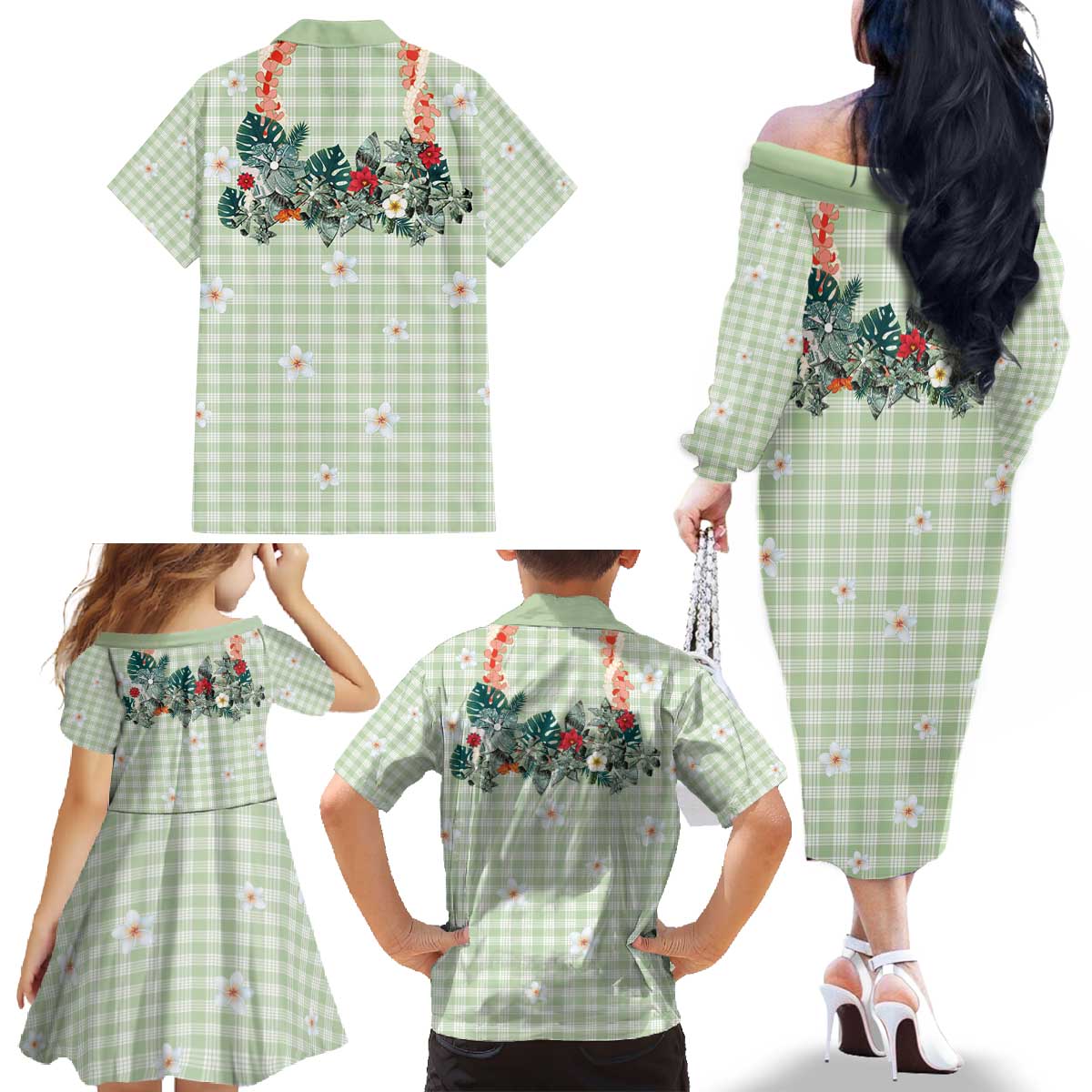 Sage Green Hawaiian Palaka Family Matching Off The Shoulder Long Sleeve Dress and Hawaiian Shirt Kukui Nut Money Lei - Polynesian Pride