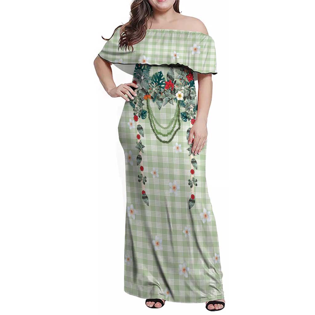 Sage Green Hawaiian Palaka Family Matching Off Shoulder Maxi Dress and Hawaiian Shirt Kukui Nut Money Lei LT9 Mom's Dress Green - Polynesian Pride