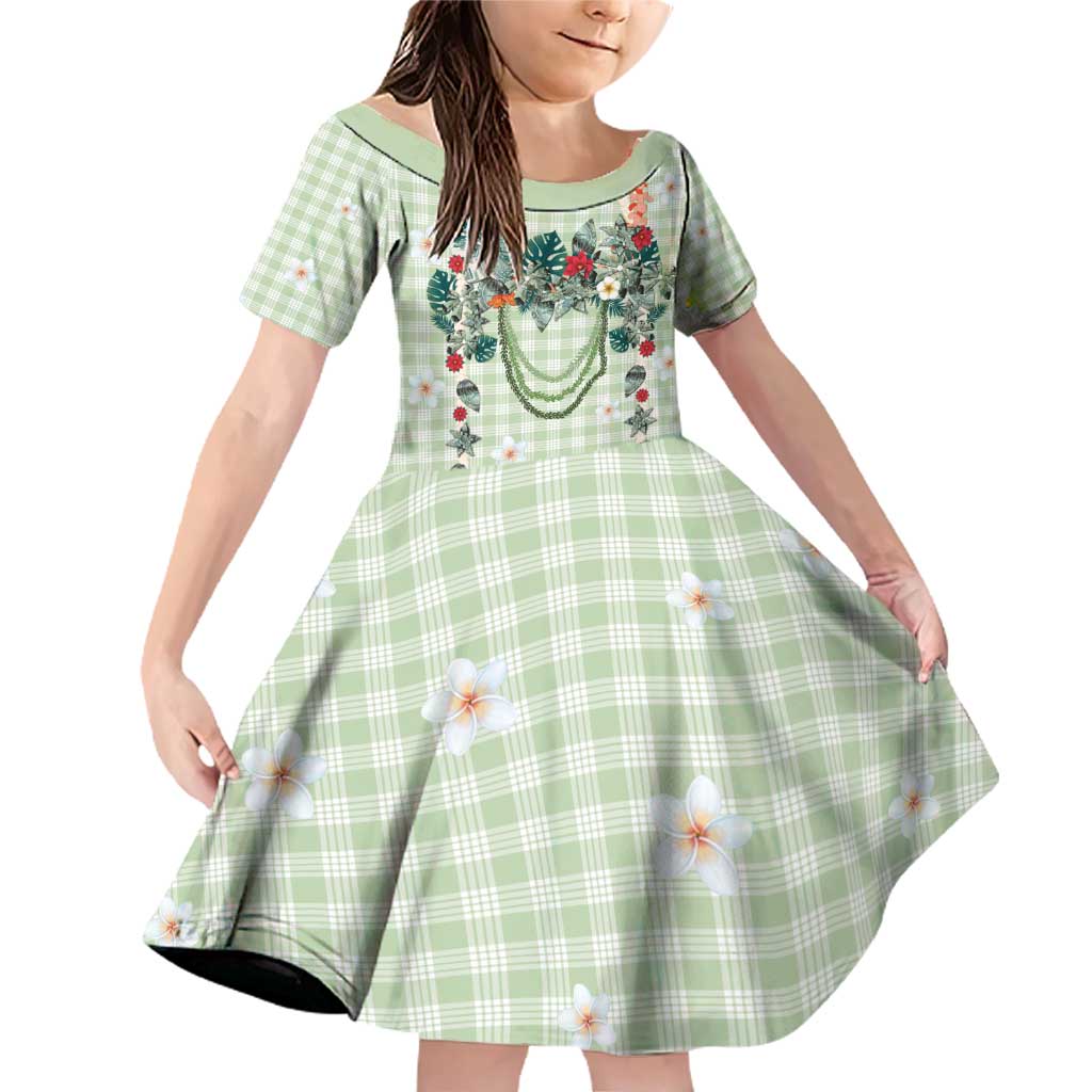 Sage Green Hawaiian Palaka Family Matching Off Shoulder Short Dress and Hawaiian Shirt Kukui Nut Money Lei LT9 Daughter's Dress Green - Polynesian Pride