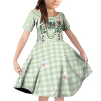 Sage Green Hawaiian Palaka Family Matching Off Shoulder Short Dress and Hawaiian Shirt Kukui Nut Money Lei LT9 Daughter's Dress Green - Polynesian Pride