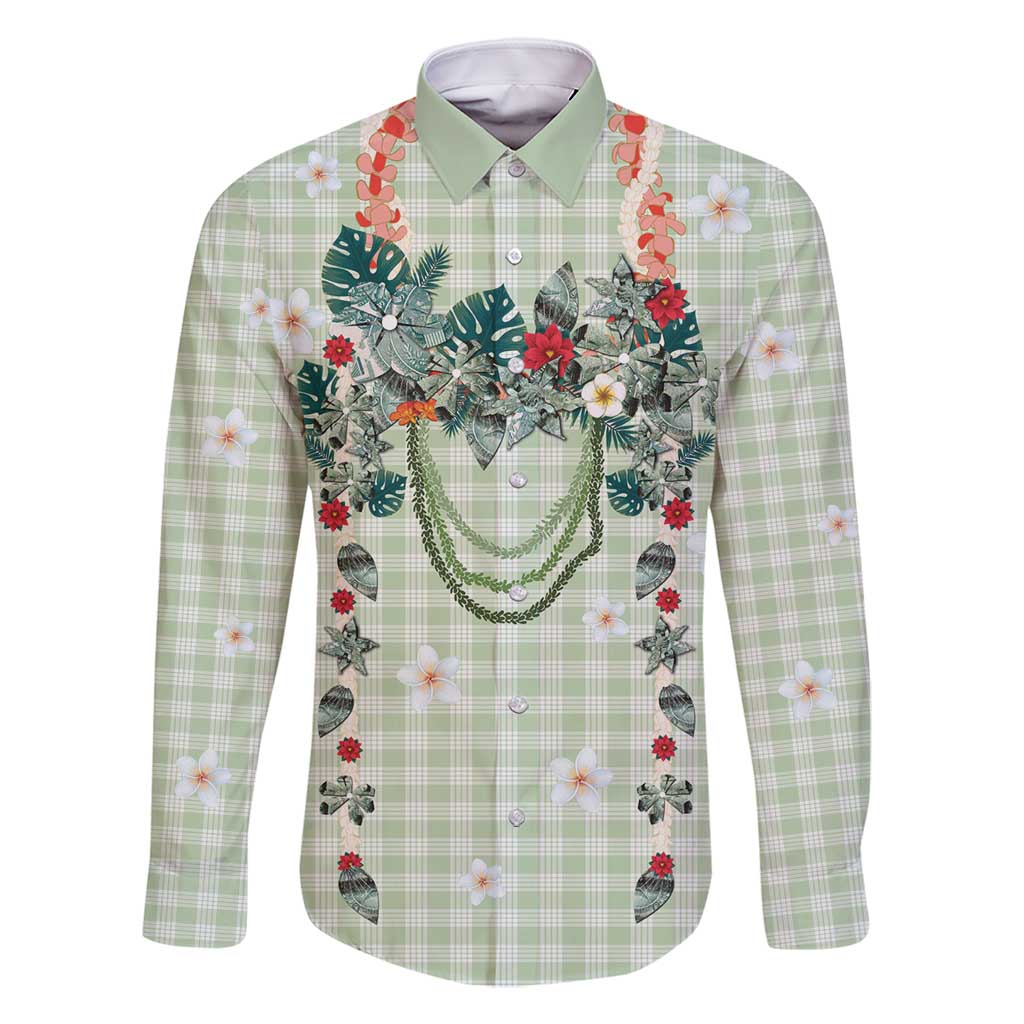 Sage Green Hawaiian Palaka Family Matching Off Shoulder Short Dress and Hawaiian Shirt Kukui Nut Money Lei LT9 Dad's Shirt - Long Sleeve Green - Polynesian Pride